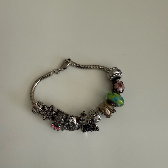 Pandora Silver Charm Bracelet with Green and Pink Accents - Picture 1 of 1